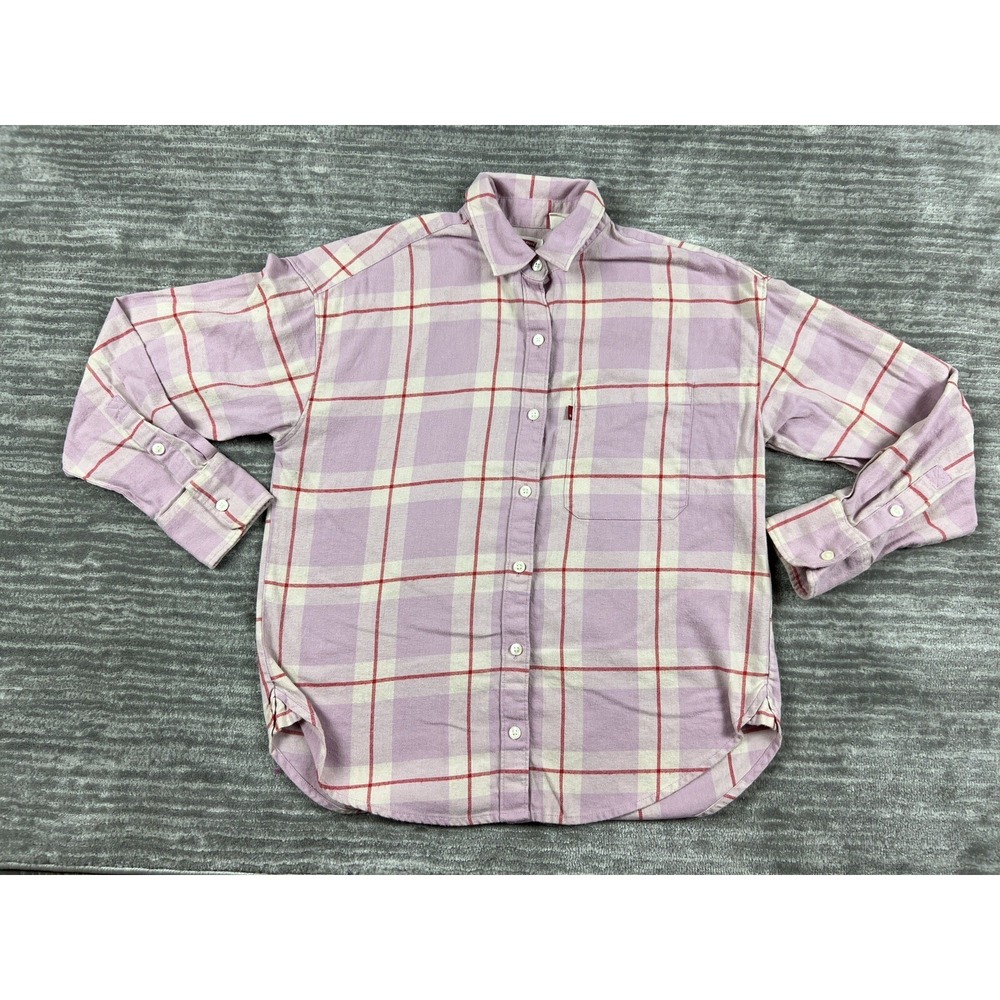Levi's Button Down Shirt Womens XS Purple Plaid Flannel Long Sleeve Relaxed Fit